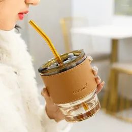 Mugs 400ML Creative Amber Straw Glass Large-Capacity High-Value Coffee Cup Leak-proof Bottle Wind Bamboo Caneca Drinkware
