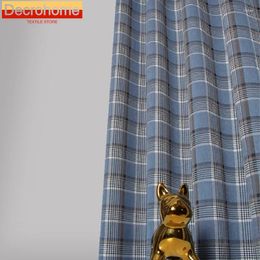 Curtain Custom Retro Blue Grey Plaid Jacquard Cotton Linen Curtains For Living Room Bedroom French Window Balcony Partition