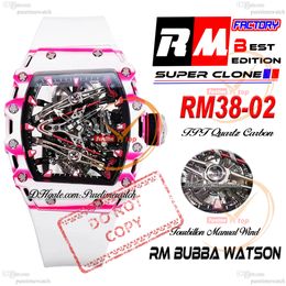 Bubba Watson 38-02 Manual Wind Real Tourbillon Mens Watch RMF Pink TPT Quartz Carbon Skeleton Red Dial White Rubber Strap Super Edition Puretime Reloj Hombre PTRM