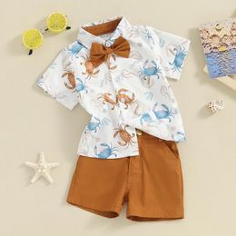 Clothing Sets Toddler Baby Boy Summer Clothes Dress Outfit Print Short Sleeve Button Down Bowtie Shirt And Shorts Set