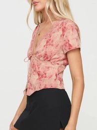 Women's T Shirts Women Crop Basic T-Shirts Summer Tie-Dye Print Tie Front Short Sleeve Tops Casual Cardigan For Streetwear