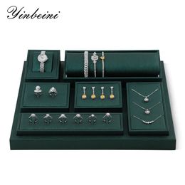 YinBeiNi Luxury Dark Green Leather Jewelry Display Sets Shop Cabinet Exhibit for Ring Earring Necklace Bangle Watch Set Showcase 240516
