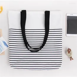 Shopping Bags Cotton Stripe Canvas Tote Shoulder Carrying Bag Eco Reusable Zippered Small