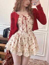 Work Dresses Sweet Cottagecore Two Piece Set Women Red Knitted Cardigan Cute Boho Mini Dress Female Print Casual Floral Suit 2024