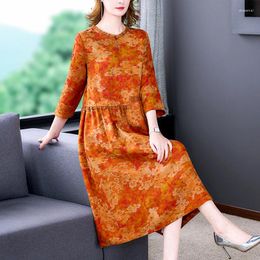 Casual Dresses 2024 Fashion Silk Printed Dress Women's Autumn Versatile Round Neck 7/4 Sleeve Loose Fit Holiday Vestidos