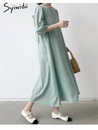 Casual Dresses Syiwidii Chiffon Dress For Women 2024 Fashion Vintage Solid O Neck Summer Chic Elegant Loose Lace-up Maxi