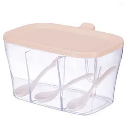 Storage Bottles Kitchen Spice Sugar Box Condiment Plastic Container Transparent Body 3-slots Salt Seasoning Pink