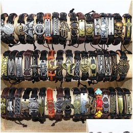 Charm Bracelets Mens Vintage Cross Jesus Love Animal Etc Mix Style Leather Metal Adjustable Cuff Bangle Wristband For Drop Delivery Dhwfg