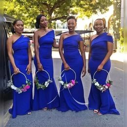 South Afircan Plus Size Bridesmaid Dresses For Wedding Royal Blue Elegant Satin Women Formal Party Gowns One Shoulder Sweep Train Mermaid Wedding Guest Dress