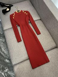 2024 Autumn Black / Red Solid Colour Panelled Knitted Dress Long Sleeve Round Neck Buttons Midi Casual Dresses D4W211650