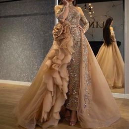 Luxury Mermaid 2020 Prom Dresses With Detachable Train High Neck Long Sleeve Evening Gowns Glitz Beaded Pageant Dresses For Girls 166N
