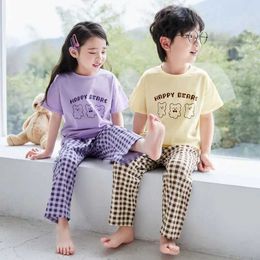 Pajamas New Summer Childrens Home Clothing Set Childrens Short Sleeve Trousers Air Conditioning Clothing Thin Lycra Cotton Boys A WX5.21