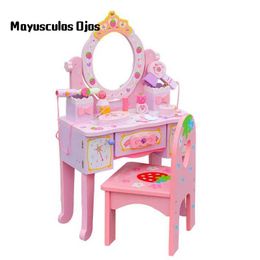 Beauty Fashion New Strawberry Dress Table and Chair Set Girl Game House Makeup Princess Makeup Wooden Toys WX5.21