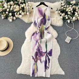 Casual Dresses Fashion Printed Vintage Dress Women Summer A-line Sleeveless Maxi For Design Waist Fit Long Pleated Elegant