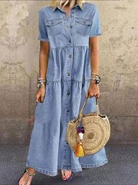 Casual Dresses 2024 Women Summer Denim Dress Retro Short Sleeve Turn Down Collar Pockets Button Long Loose Fit Vintage