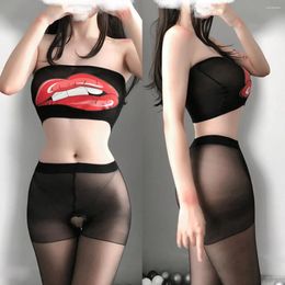 Bras Sets Erotic Lingerie Open Gear Split Body Wild Big Mouth Wrapped Bra Black Stockings Sexy Woman Sex Shop