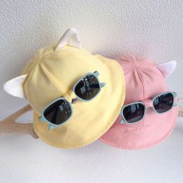 Cartoon Cat Ear Baby Bucket With Sunglasses Solid Colour Cotton Kids Fisherman Hat Outdoor Travel Children Sun Protection Cap