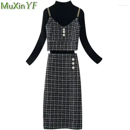 Work Dresses Women Black Sweater Tank Tops Plaid Skirts 3 Piece Set Korean Lady Elegant Vest Knitwear Wrap Hip Skirt Outfits 2024 Clothes