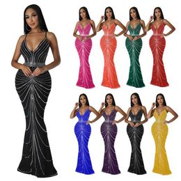 Basic Casual Dresses Sparkling solid colored hot diamond transparent mesh long skirt elegant and luxurious spring womens cocktail dress celebrity clot J240523