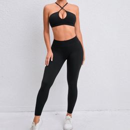 Women's Two Piece Pants Gym Yoga Sets For Women 2 Pieces Sport Workout Clothing Fitness Crop Top Sports Bra Leggings Sportswear Black