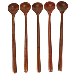 Coffee Scoops Long Spoons Wooden 5 Pieces Korean Style 10.9 Inches Natural Wood Handle Round For Soup Cooking Mixing Stirrer