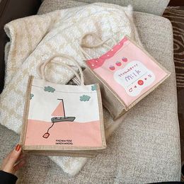 Shopping Bags Stylish Fresh Printed Sweet Shoulder Bag Hand Small Square Japanese Linen Korean Printing