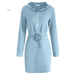 Casual Dresses Autumn Women Hooded Dress Long Sleeve Zipper Neck Draws Waist Short Sweatshirts T-Shirts Sports