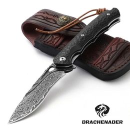 Camping Hunting Knives VG 10 Damascus Steel Folding Knife Tactical Hunting Pocket Knife Self Defence Camping EDC Knife with Clip and Sheath Q240522