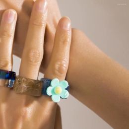 Cluster Rings 2024 Trendy Colorful Sunflower Acrylic Resin For Women Girls Irregular Square Chunky Korea Flower Jewelry Gift