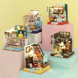 Doll House Accessories Diy Wooden Mini Scenes Doll Houses Miniature Building Kits With Furniture Coffee Dessert Store Dollhouse Toys For Adults Gifts Q240522