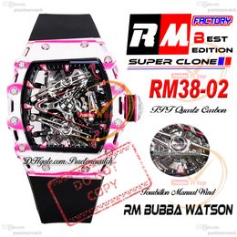 Bubba Watson 38-02 Manual Wind Real Tourbillon Mens Watch RMF White Pink TPT Quartz Carbon Skeleton Red Dial Black Rubber Strap Super Edition Puretime Reloj PTRM