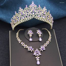 Hair Clips 3Pcs Purple Bridal Crown Jewellery Sets Tiaras And Earrings Necklace Set For Women Bride Wedding Dress Prom Gifts