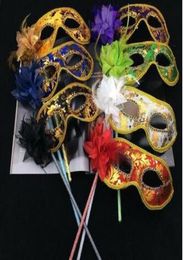 Venetian masquerade music ball mask on stick Mardi Gras Costume eyemask printing Halloween Carnival Hand Held Stick party Mask4977094