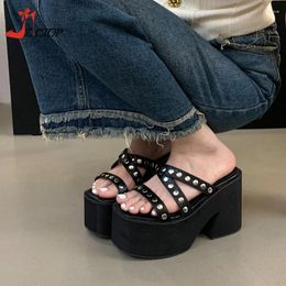 Sandals Platform Chunky Heeled Slippers Women Punk Rivet High Heels Open Toe Mules Black Gothic Shoes Summer Female Footwear