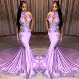 2019 New Sexy Light Purple Prom Dresses Keyhole Neck Lace Appliques Sequins Cutaway Sides Sweep Train Cheap Evening Party Homecoming Go 276G