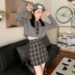 Clothing Sets 2024 Jk Uniform Suit Autumn Winter Polo Collar Knit Short Long-sleeved Sweater Plaid Skirt Women Fashion Two-piece Set W110