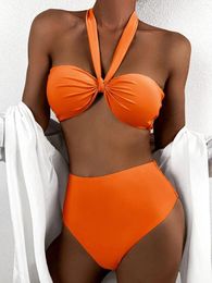 Women's Swimwear Sexy Front Bow Bikinis Sets Women Orange Blue Bandeau Push Up Two Piece Swimsuit 2024 Cut Out Bathing Suit High Waist