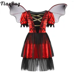 Girl Dresses Kids Girls Halloween Witch Vampire Cosplay Costume Carnival Performance Puff Sleeve Lace-up Bat Print Mesh Dress With Wings