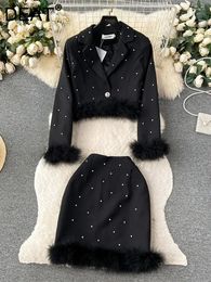 Work Dresses Fashion Plush Women V-neck Diamond Black Short Coat High Waist Wrap Hip Skirt Two Piece Female 2024 Autumn 11XX6118