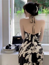 Casual Dresses Hong Kong Flavor Ink Painting Long Dress Women Sexy Hanging Neck Royal Sister Sle Skirts Backless Lace - Up Temperament