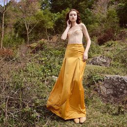 Skirts Exquisite Long Satin Skirt High Waist Office Ladies Bright Yellow Taffeta Silk Slip Custom Made Colour