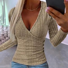 Women's Blouses Women Blouse Solid Colour Top Deep V-neck Long Sleeve Elegant Slim Fit Buttons Decor Ribbed Pullover Tops Clothing