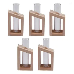 Vases 5X Crystal Glass Test Tube Vase In Wooden Stand Flower Pots For Hydroponic Plants Home Garden Decoration