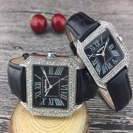 New Fashion Rose Gold Men Women Square Watch Diamond Lady Leather Wristwatch Luxury Quartz Clock Fashion Designer Watch Gifts for Girls 206G