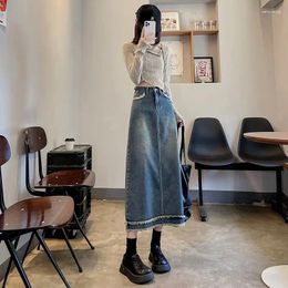 Skirts Korean Style Denim Skirt Women's Blue High Waist -Edge Burrs Long A-line Design Sense Niche Hip Split