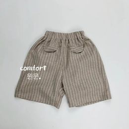 Summer Boy Girl Children Cotton Linen Beach Shorts Baby Striped Loose Short Trousers Thin Kid Cotton Mid Pants Toddler Clothes 240522
