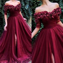 2020 New Sexy Prom Dresses Burgundy Hand Made Flowers 1 2 Sleeve Backless Tulle Plus Size Split Sweep Train Party Dress Evening Gowns 270t