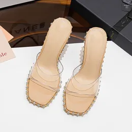 Dress Shoes Summer Women's High-heeled Sandals Transparent Square Toe Rhinestone Open Slippers For Outer Wear