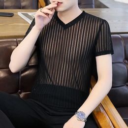 Korean Ice Silk Fabric Mens Clothing Summer Ventilate Hollow Tops Man Casual Vneck Solid Color Tshirt 240517