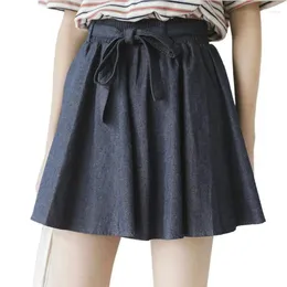 Women's Shorts Preppy Style Solid Wide Belt Bow Denim Skirt Elastic Waist Cool And Comfortable All-Match Y2k Clothes
